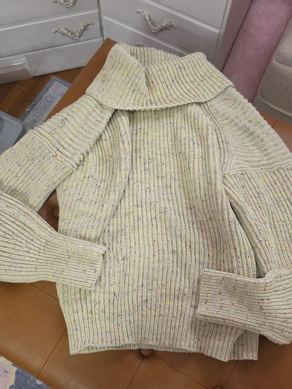 M Free People Cream Speckled Ribbed Turtleneck Oversized Sweater/Tunic